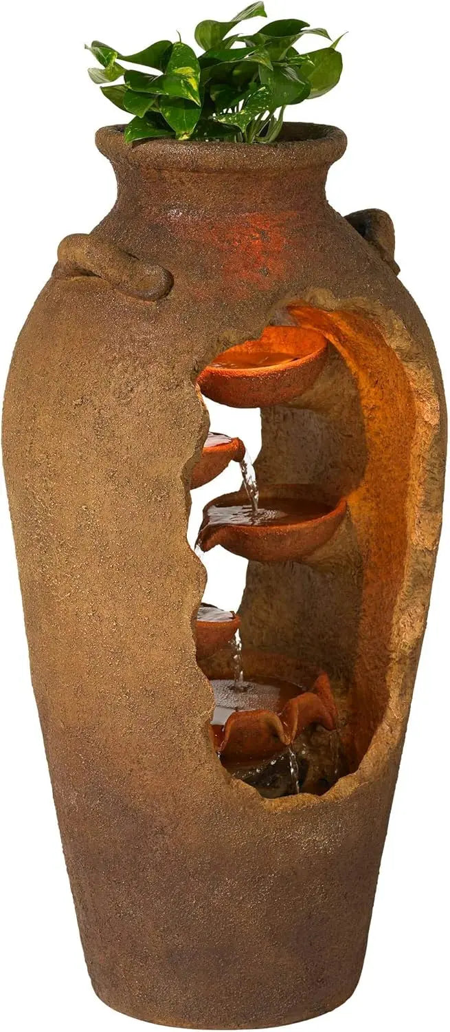 Cascade Rustic Outdoor Floor Urn Waterfalls Fountain 33" High with LED Light and Planter Decor for Garden Patio Yard Deck Home