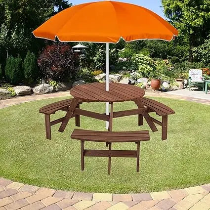10 Person Solid Wood Round Picnic Table and Bench Set with Umbrella Hole Outdoor Furniture