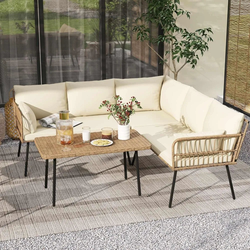Patio Furniture Set 4 Pieces Outdoor L Shaped Rattan Sofa