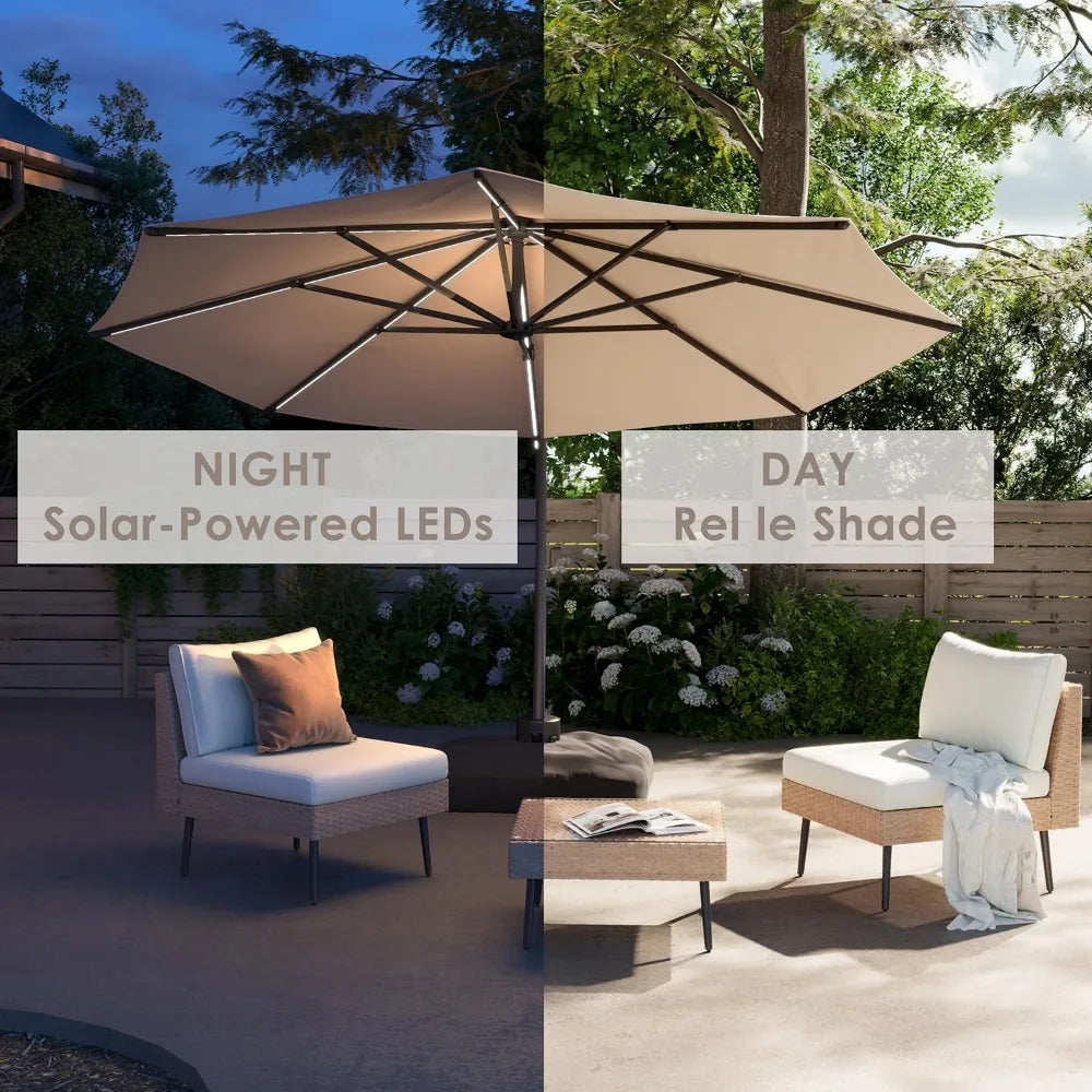11FT Solar Powered LED Light Cantilever Patio Umbrella With Base Round Large Aluminum Outdoor Heavy Duty