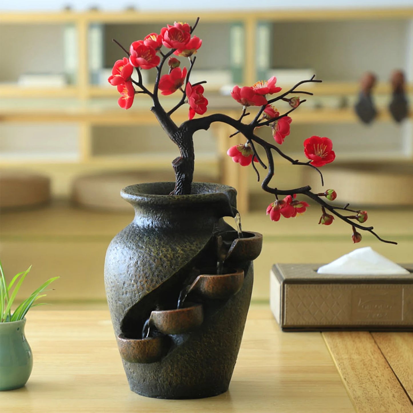 Decorative Tabletop Fountain, Simulated Vase and Trees, Stress Relief Water Feature for Home, Office, and Living Room