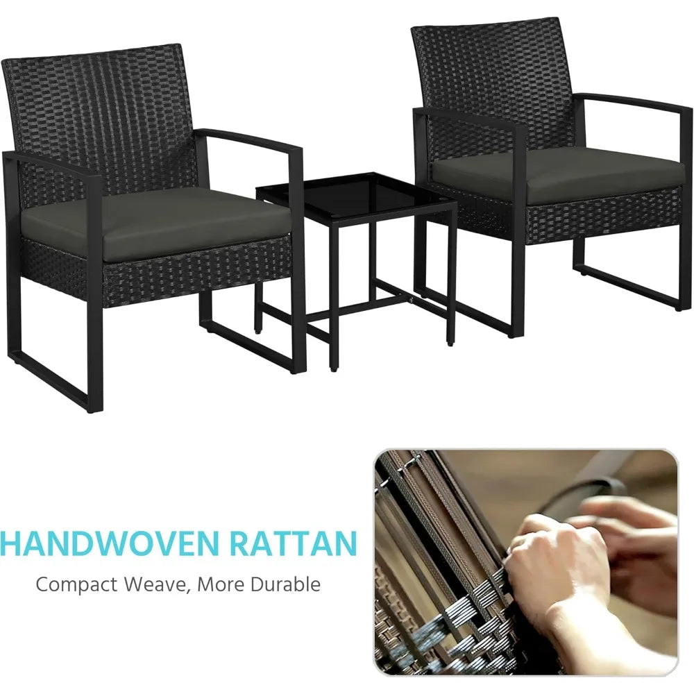 3 Pieces Rattan Bistro Set Indoor Outdoor Wicker Patio Modern Conversation Furniture 2 Chairs and Tempered Glass Coffee Table
