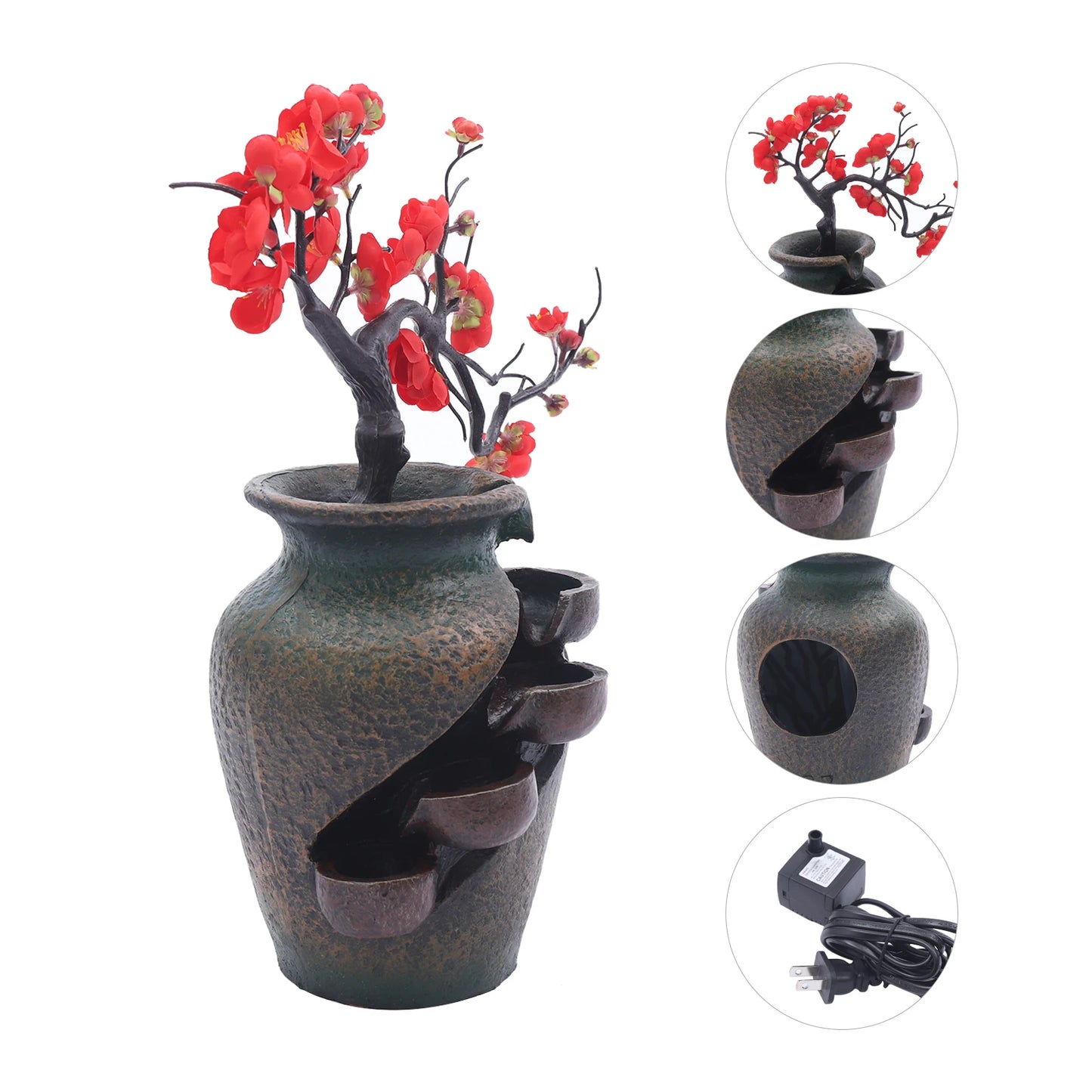 Decorative Tabletop Fountain, Simulated Vase and Trees, Stress Relief Water Feature for Home, Office, and Living Room