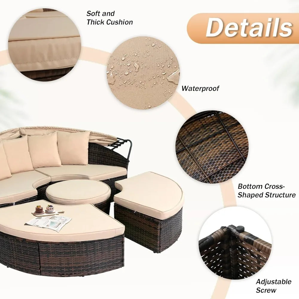 Patio Round Daybed With Retractable Canopy Rattan Wicker