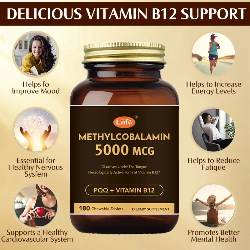 Liife B12 Methylcobalamin 5000mcg Gluten Free Fast Dissolving Sublingual Tablets for Energy and Brain Health Made in USA