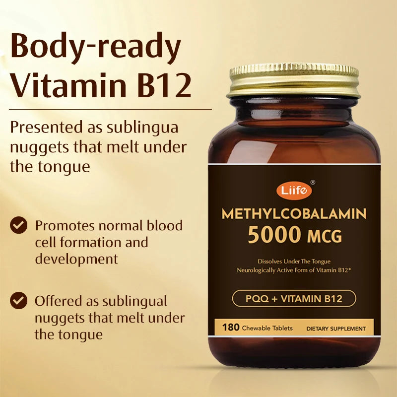 Liife B12 Methylcobalamin 5000mcg Gluten Free Fast Dissolving Sublingual Tablets for Energy and Brain Health Made in USA