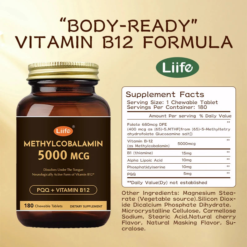 Liife B12 Methylcobalamin 5000mcg Gluten Free Fast Dissolving Sublingual Tablets for Energy and Brain Health Made in USA