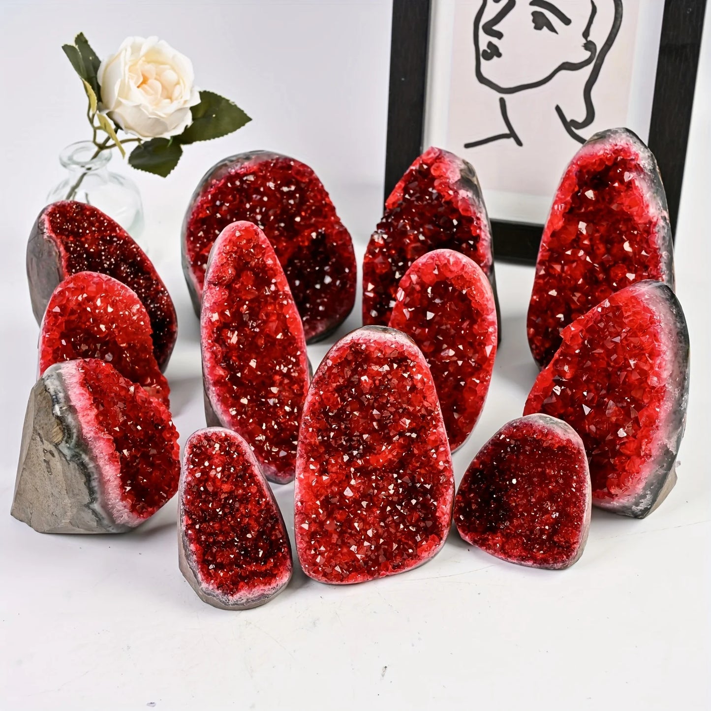 Rare Red Geode Crystal Cluster Cut Base For Home Decor