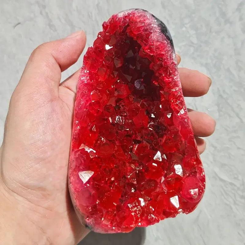 Rare Red Geode Crystal Cluster Cut Base For Home Decor