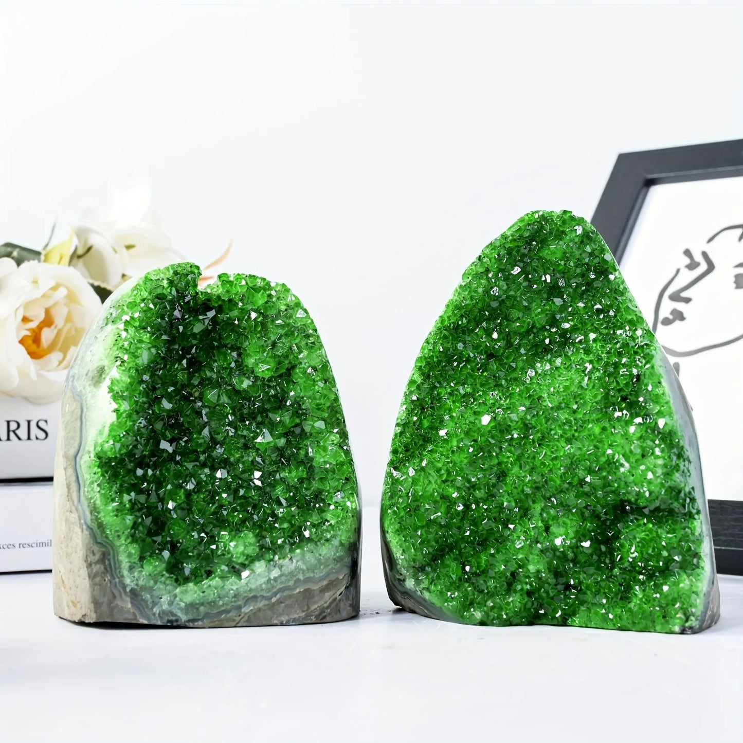 Sparkling Green Crystal Cluster Geode with Polished Edges