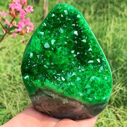 Sparkling Green Crystal Cluster Geode with Polished Edges