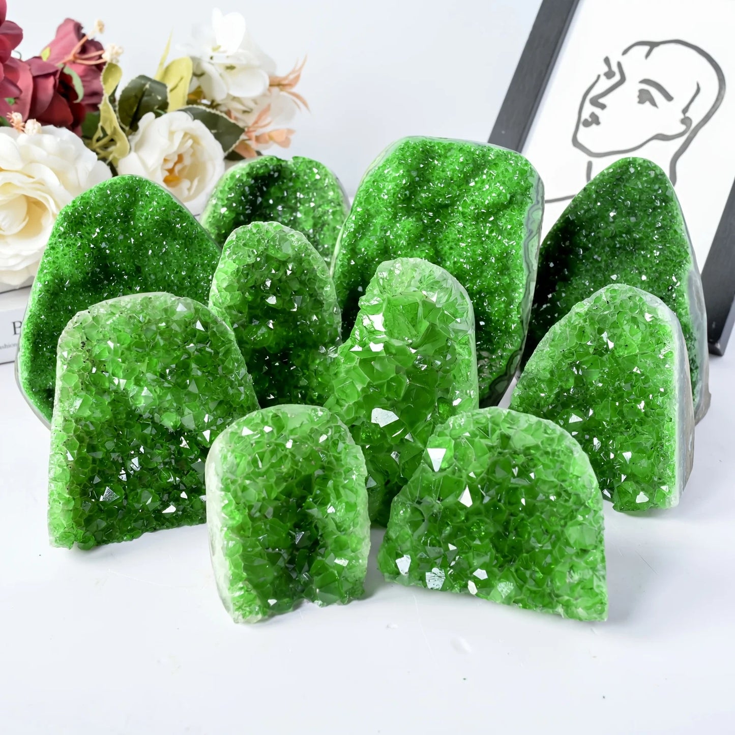 Sparkling Green Crystal Cluster Geode with Polished Edges