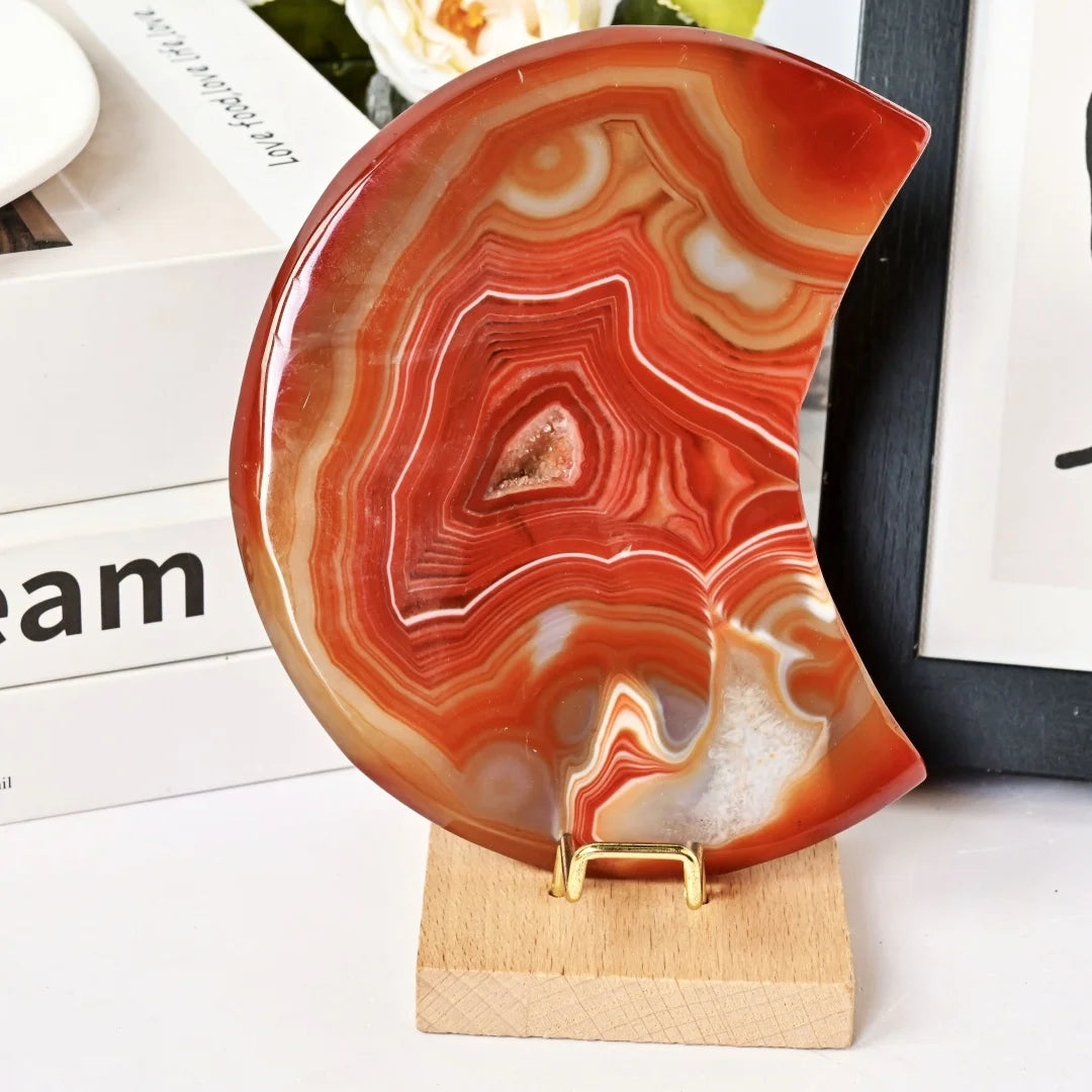 Red Agate Geode Moon Shape Crystal Stone Home Decor Gift