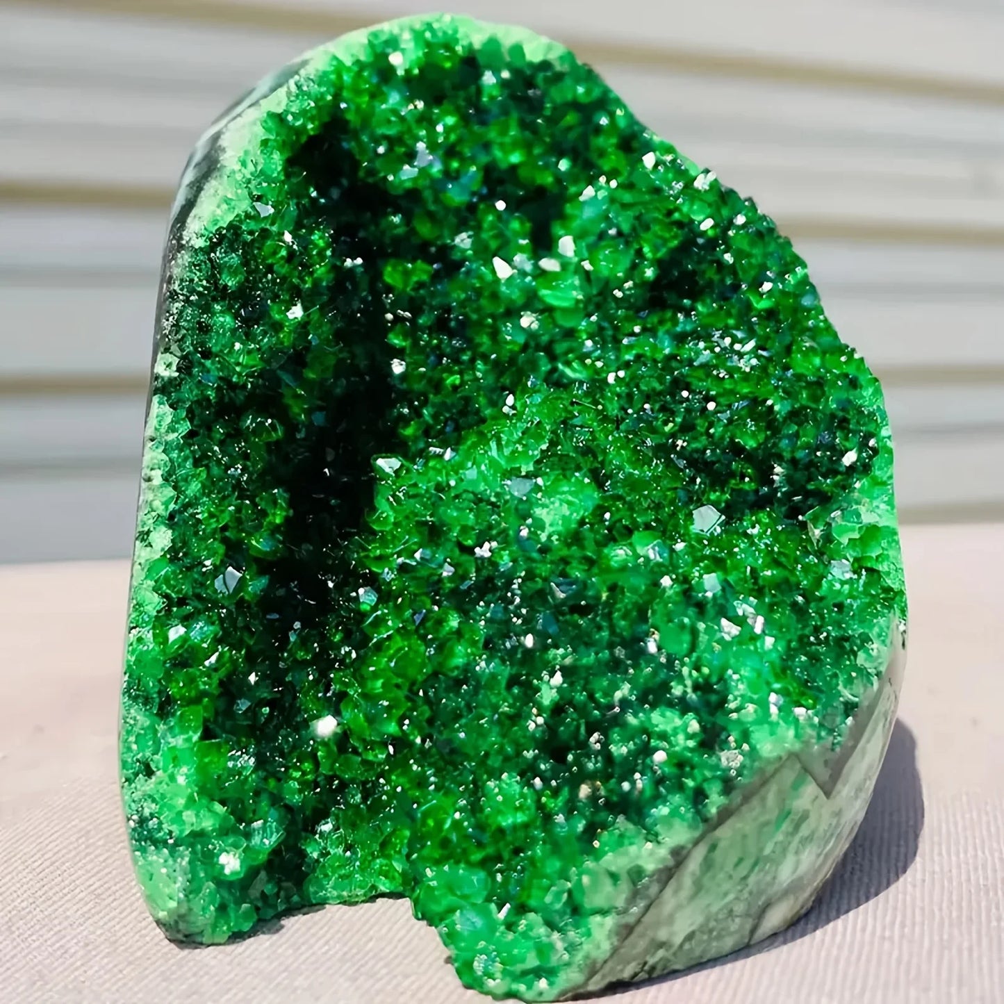Sparkling Green Crystal Cluster Geode with Polished Edges