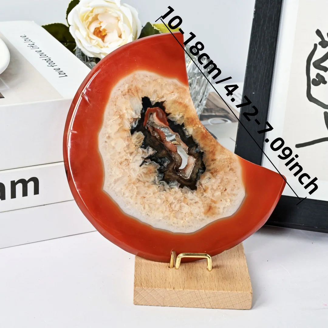 Red Agate Geode Moon Shape Crystal Stone Home Decor Gift