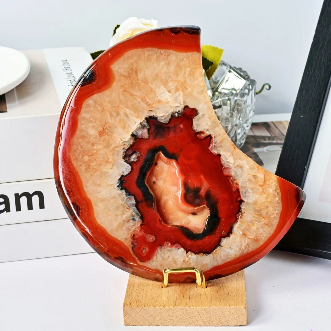 Red Agate Geode Moon Shape Crystal Stone Home Decor Gift
