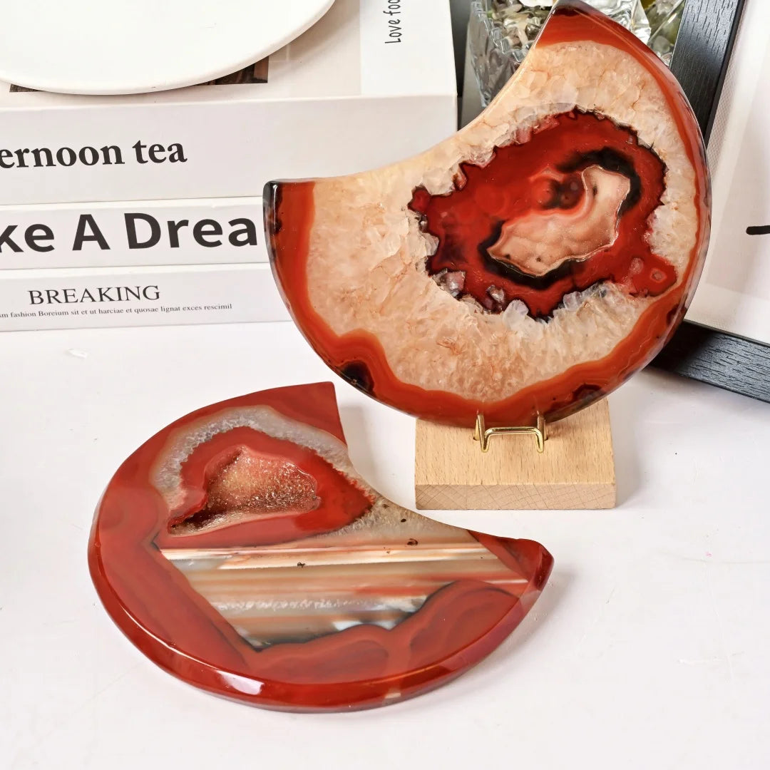 Red Agate Geode Moon Shape Crystal Stone Home Decor Gift