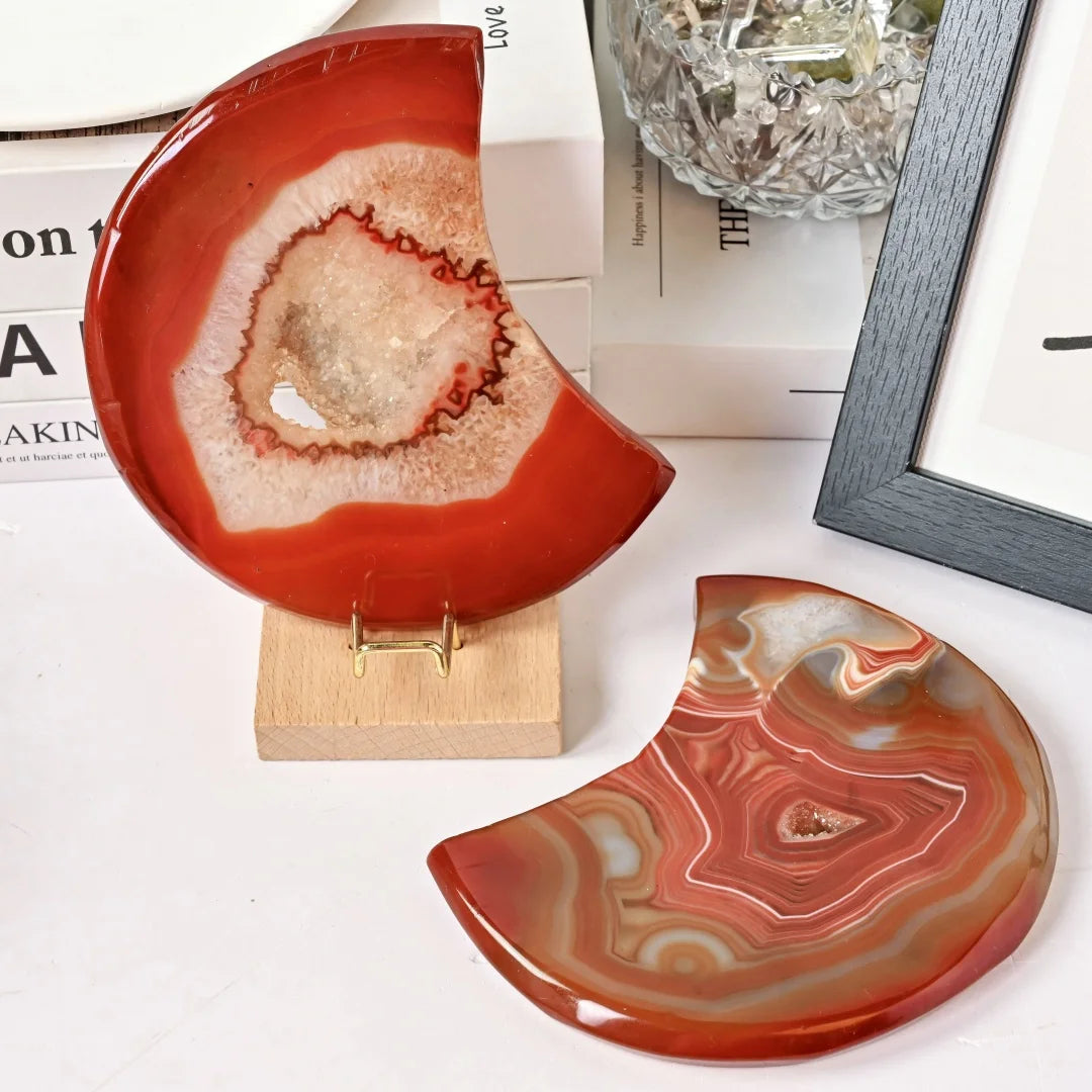 Red Agate Geode Moon Shape Crystal Stone Home Decor Gift