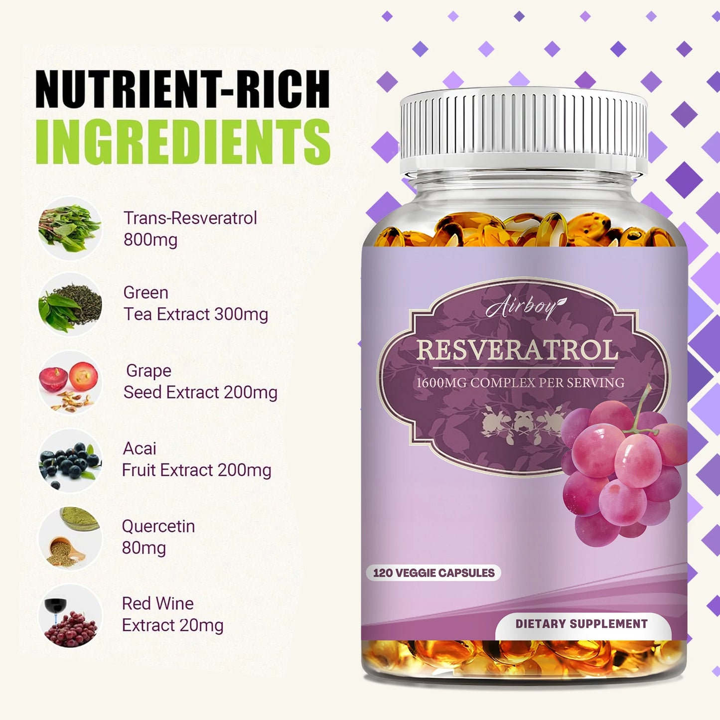 Resveratrol Capsules for Cardiovascular Health Anti Aging Antioxidants Immunity Boost and Skin Radiance 120 Count