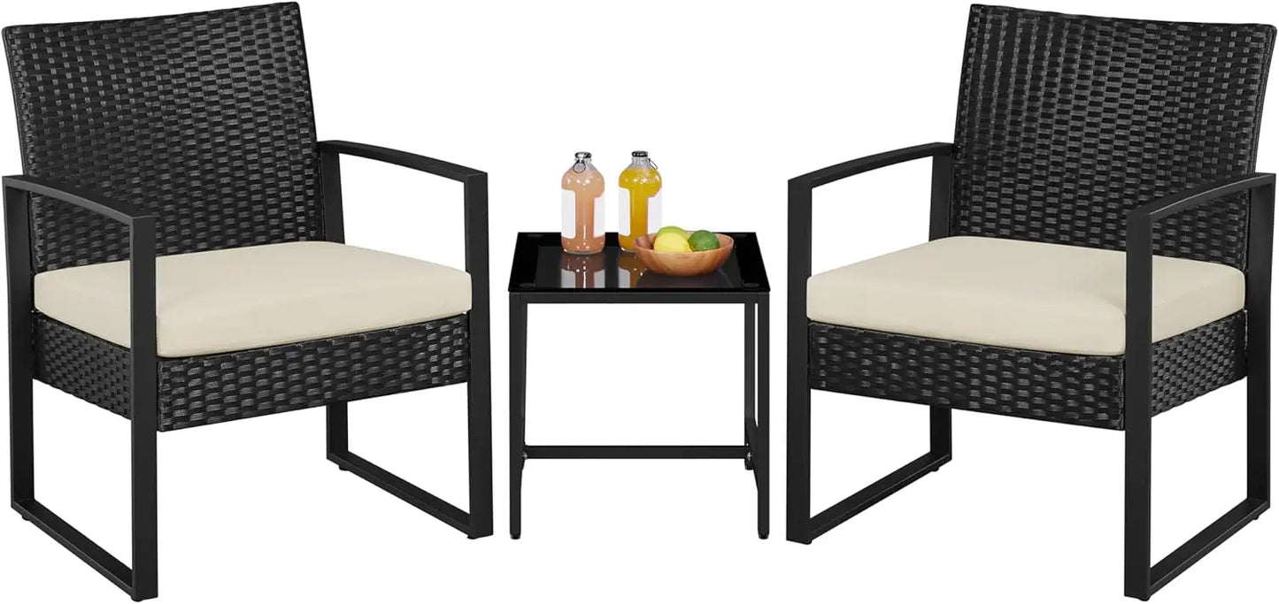 3 Pieces Rattan Bistro Set Indoor Outdoor Wicker Patio Modern Conversation Furniture 2 Chairs and Tempered Glass Coffee Table