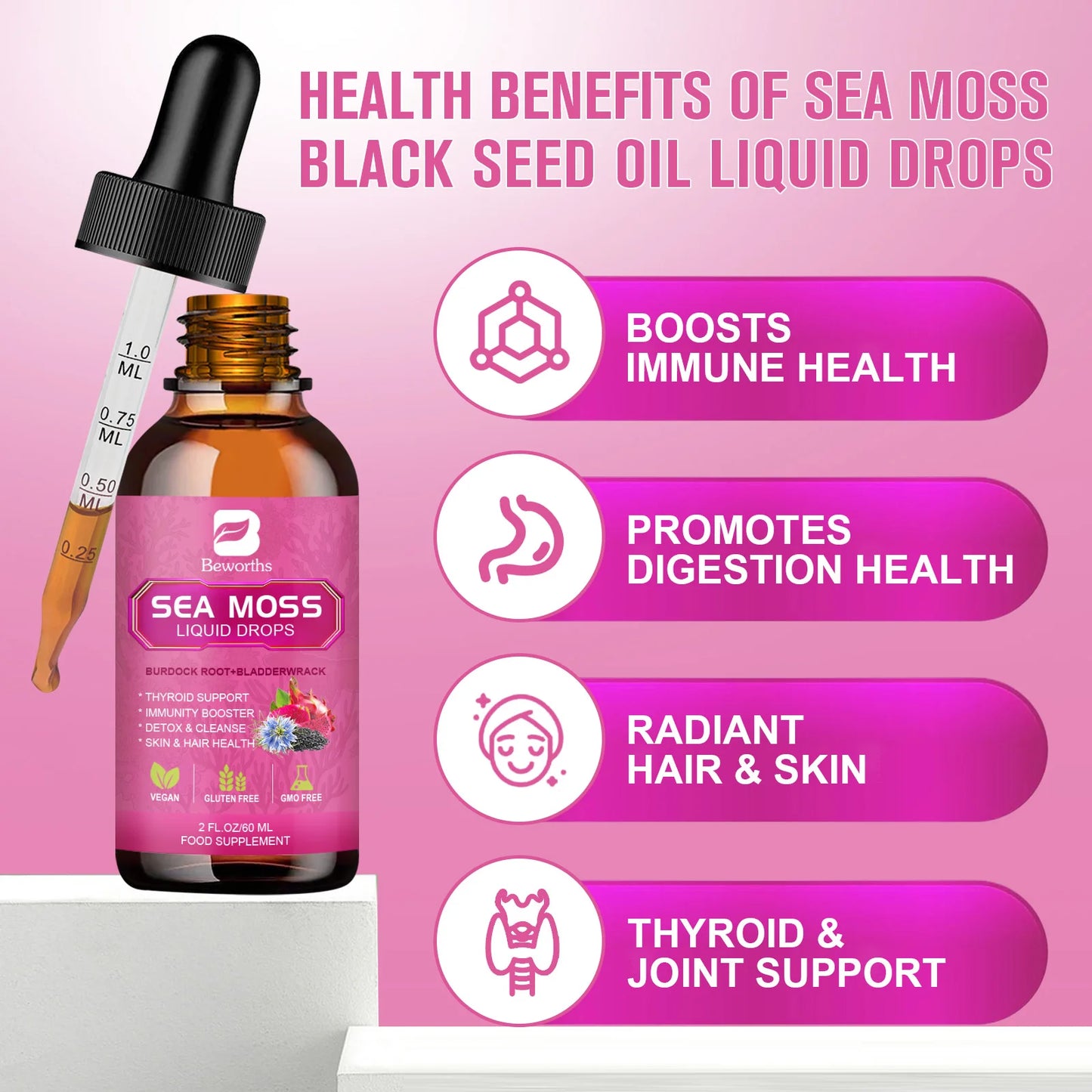 Beworths 3000mg Seamoss Liquid Drops Organic Black Seed Oil Burdock Root Bladder Immunity Hair Skin Digestion Health 60ml