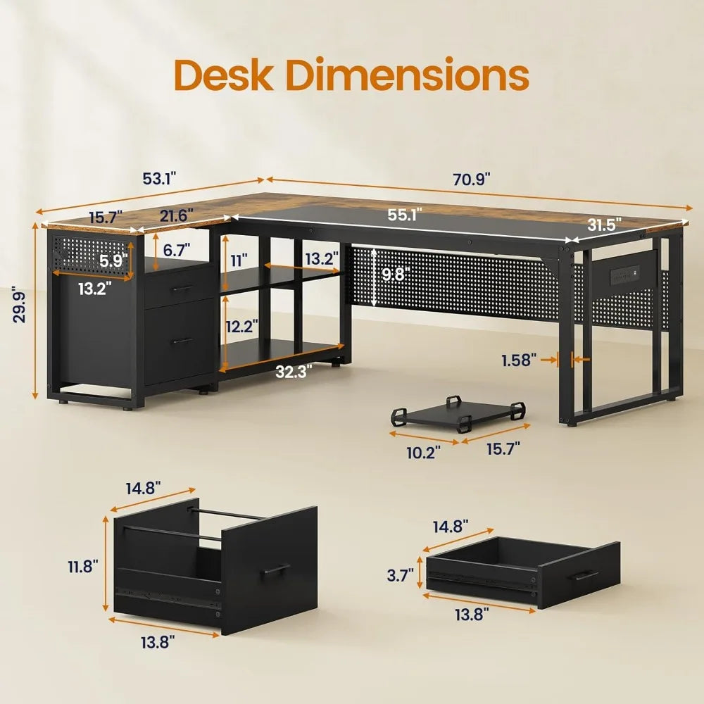 71 Inch Executive L Shaped Desk With Power Outlets Storage