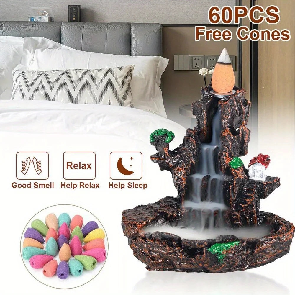 Resin Incense Waterfall Burner with 60 Incense Cones and Stand