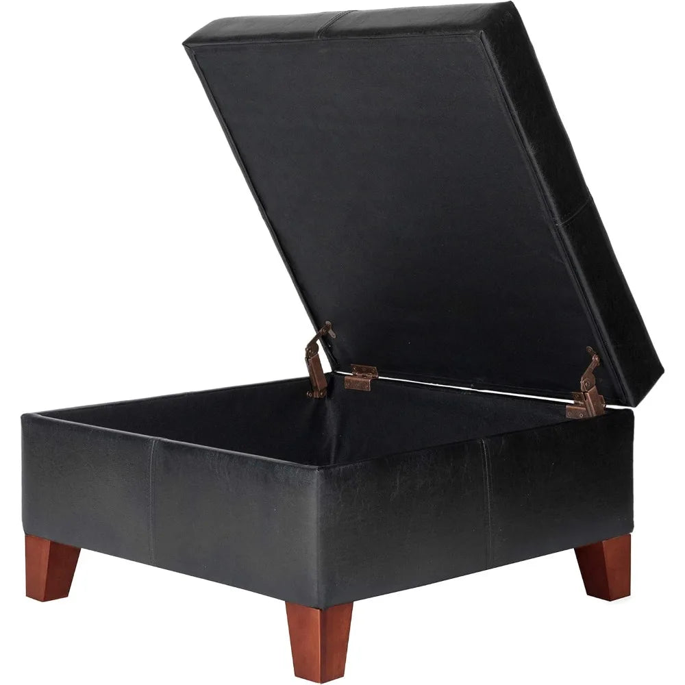 Luxury Large Faux Leather Square Storage Ottoman for Living Room and Bedroom Black