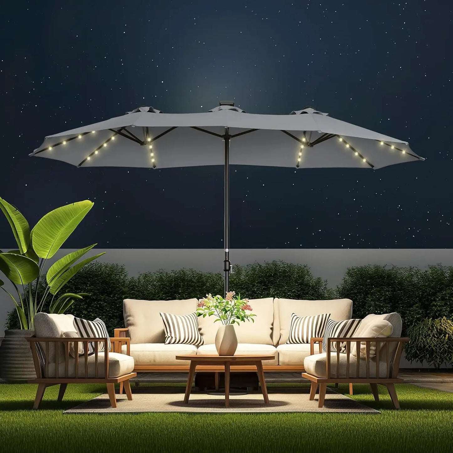 Double Sided Patio Umbrellas - 13ft Solar Lights LED Lighted Outdoor Extra Large Market Table Umbrella with Base Included