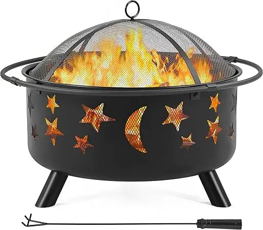 30 Inch Wood Burning Fire Pit With Spark Screen And Poker