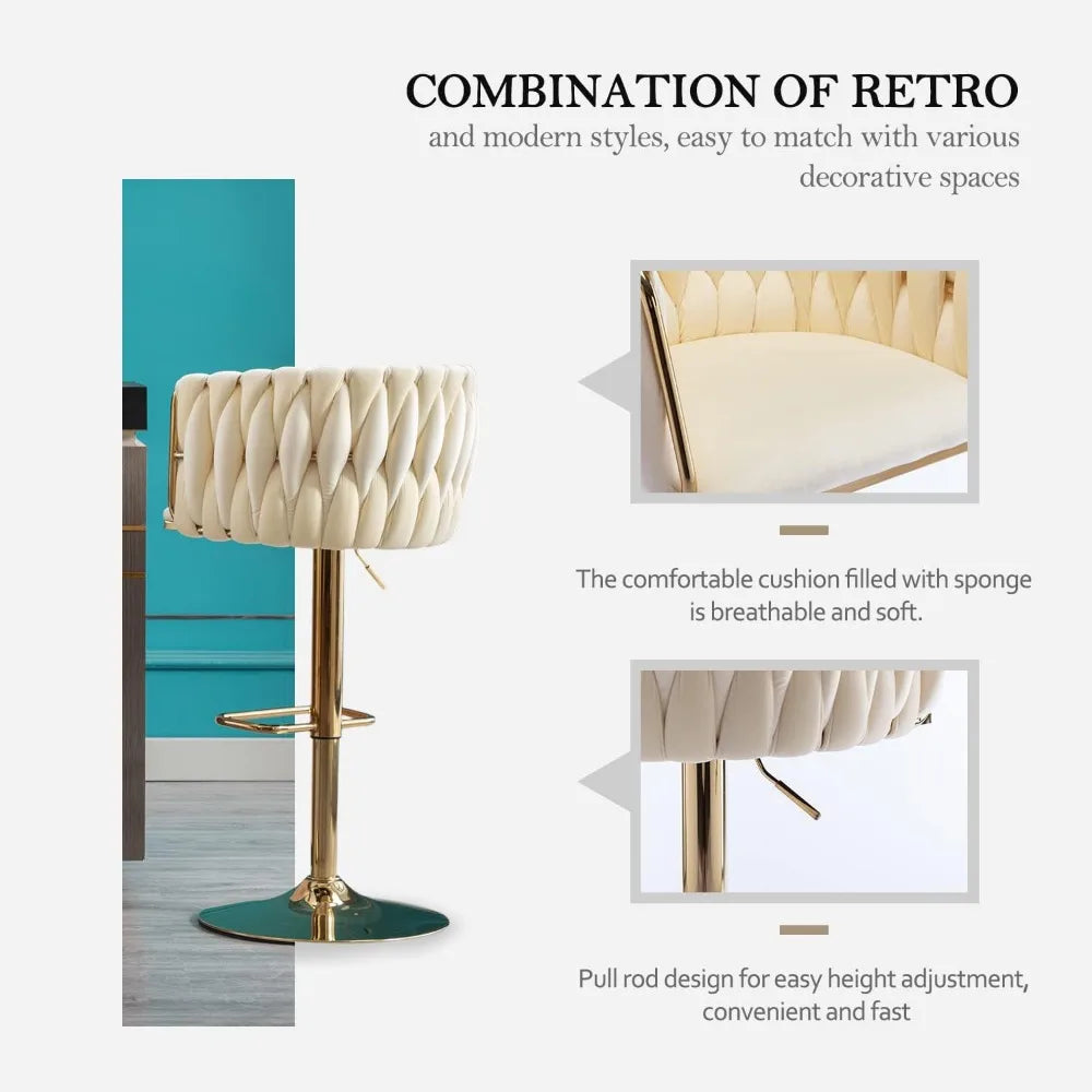 360 Degree Velvet Swivel Bar Stools Set of 4 Adjustable Counter Height Bar Chairs with Woven Back and Footrest Luxury Gold Bar Stools
