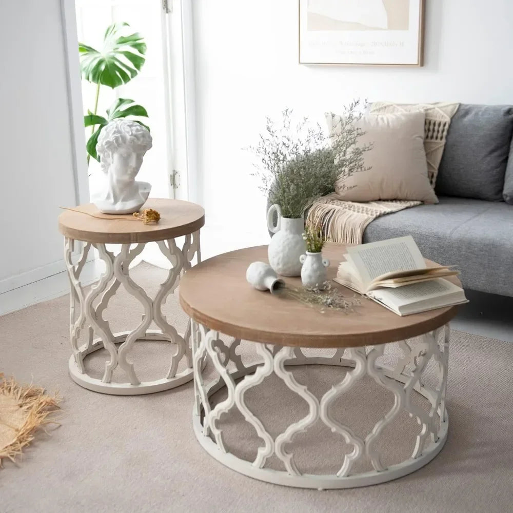 Rustic Farmhouse Coffee Table Distressed Wood Top Table with Curved Motif Frame Base for Boho French Country Decor