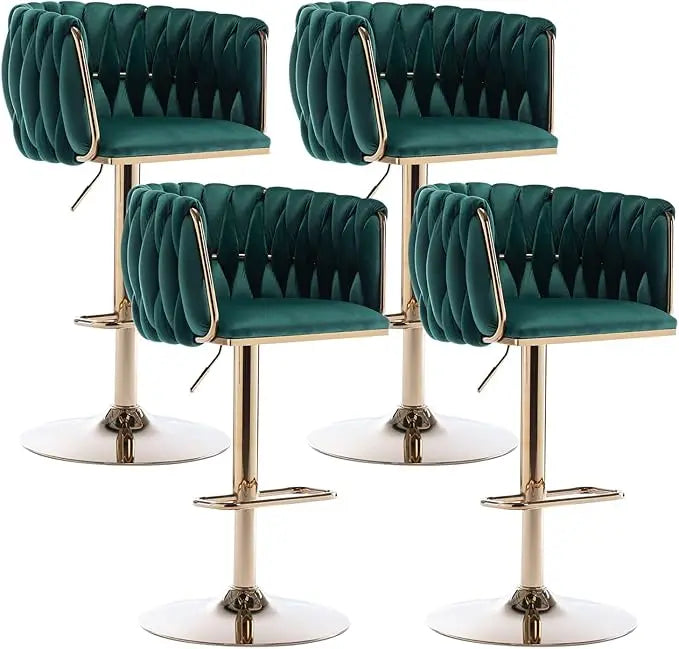 360 Degree Velvet Swivel Bar Stools Set of 4 Adjustable Counter Height Bar Chairs with Woven Back and Footrest Luxury Gold Bar Stools