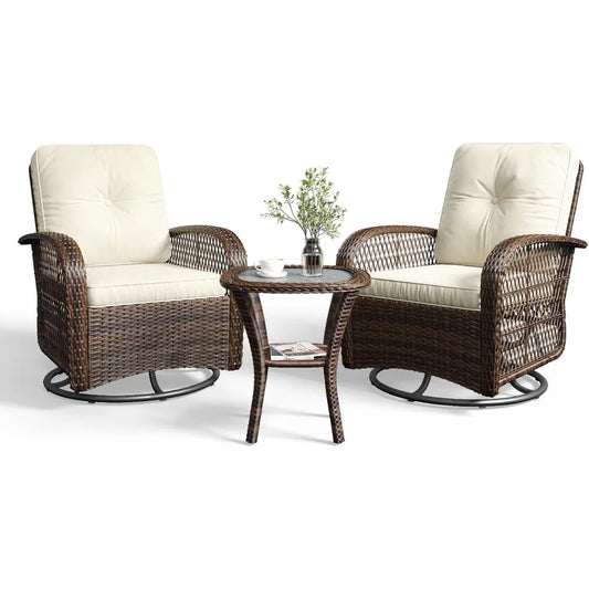 3 Pieces Patio Furniture Set With Swivel Rocker Chairs Set Of 2 Wicker Outdoor Bistro Set With Rocking Chair And Thickened Cushions