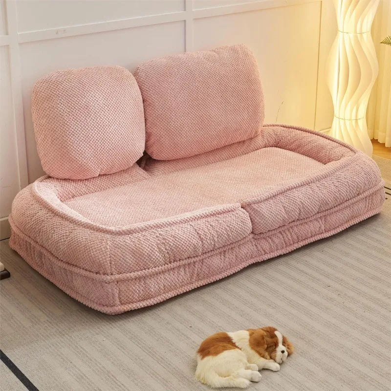 Foldable Tatami Lazy Sofa Couch Bed with 5 Adjustable Positions Space Saving Design Human Dog Bed with Cushion Back Easy Assembly for Apartment Living Room Bedroom Pink