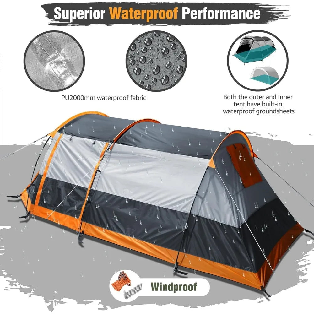 Camping Tents Tunnel Tent for 4 Person Family with 2 Doors Extra Weatherproof Outdoor Shelter for All Seasons