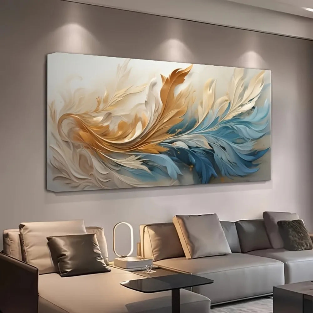 Modern Abstract Gold Feather Canvas Art with 1.5 Inch Thick Pine Solid Wood Frame for Interior Decoration