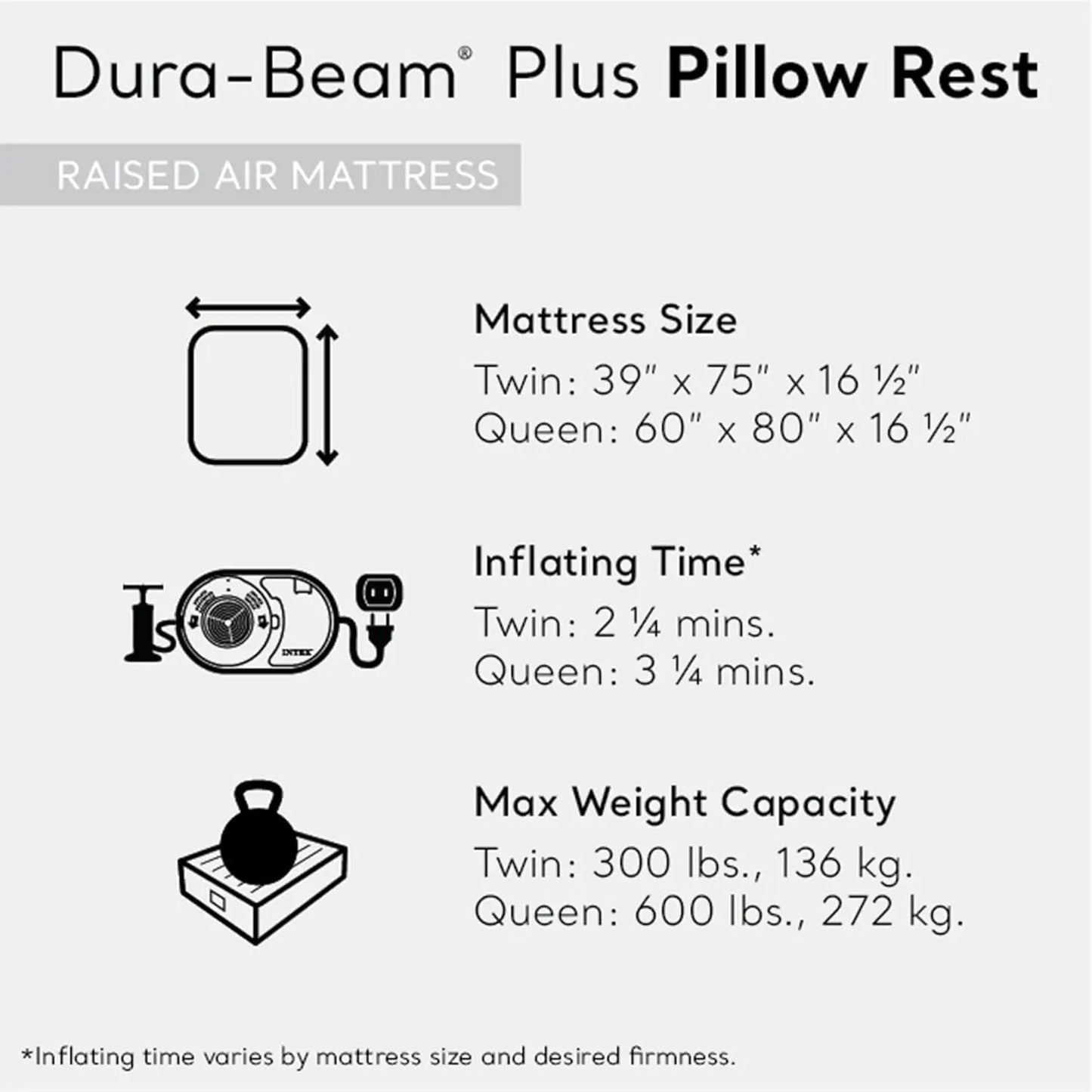 Raised Airbed Mattress with Built-in Pump Dura-Beam Plus Pillow Twin Portable Inflatable Luxury Blow-Up Bed for Adults Camping