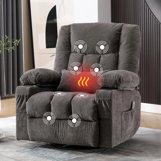 Massage Swivel Recliner Chair Oversized Rocker Recliner with Vibration Massage and Lumbar Heat Ergonomic Rocker Chair for Living Room with Side Pocket Two Cup Holders USB Charge Port
