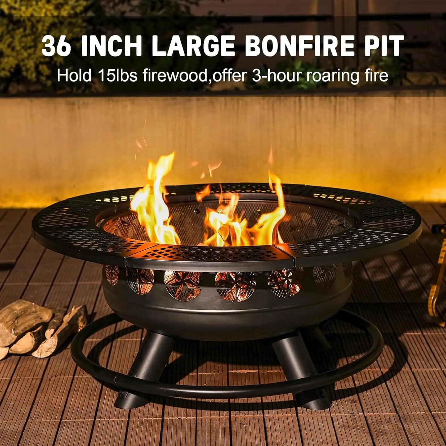 36 Inch Outdoor Wood Burning BBQ Fire Pit with 2 Cooking Grills and Lid