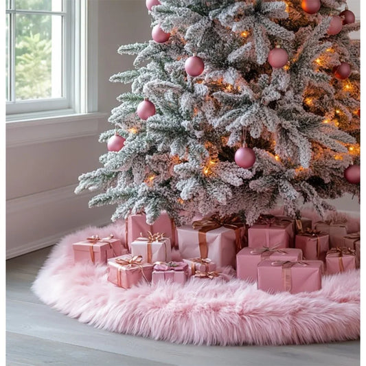 48 Inch Pink Faux Fur Christmas Tree Skirt Plush For Holiday Decor