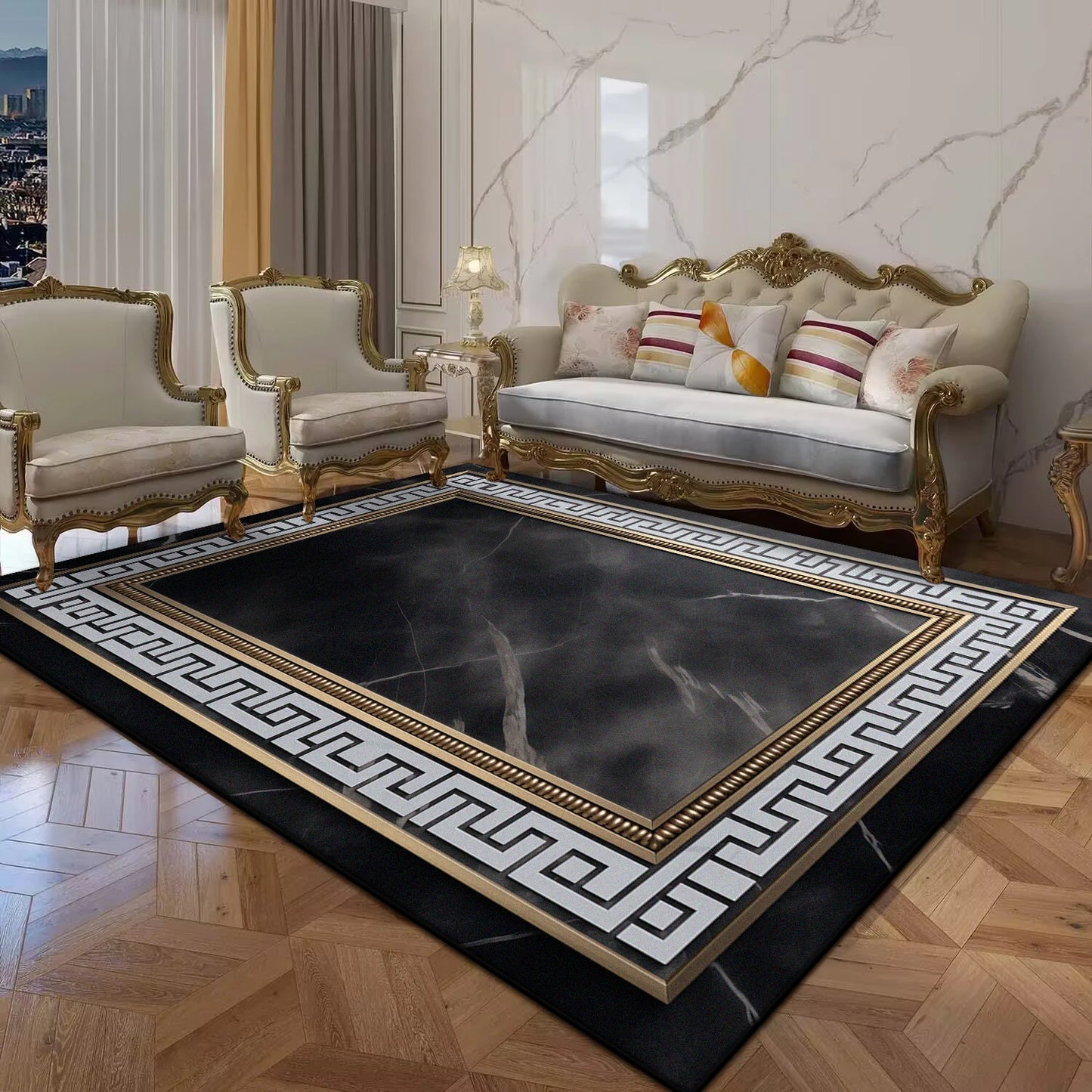 Black Gold Marble Luxury Carpet Large Area Rug for Living Room Sofa Table Anti Slip Doormat Balcony Floor Mat