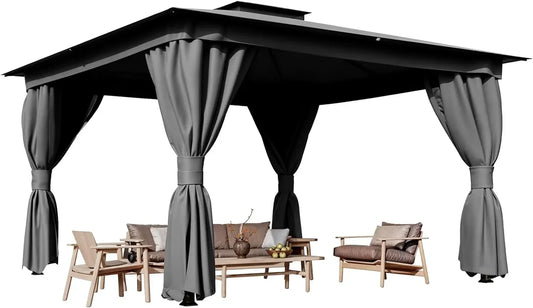 Outdoor 10x13 Grey Patio Gazebo Metal Frame Canopy with Double Roofs Heavy Duty Pavilion with Curtains and Nettings for Deck Lawn and Backyard