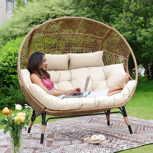 Double Egg Chair Indoor Outdoor Stationary Oversized Thicken Padded Cushions Two Person Egg Loveseat Chair 680 Pounds Extra Large Lounge Chair for Patio Balcony Porch Backyard Beige