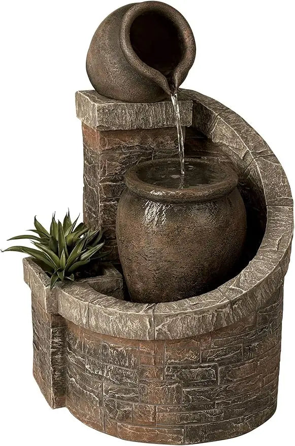 Verona Rustic Outdoor Floor Cascading Water Fountain 35" High with LED Light Planter Box for Garden Patio Backyard Deck Home Law