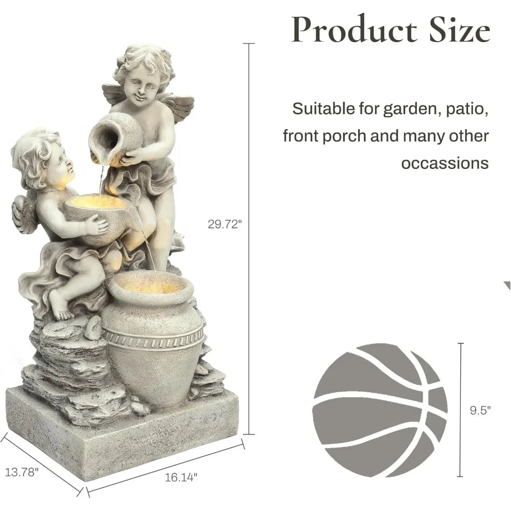 LuxenHome 30 Inch Outdoor Water Fountain Resin Angels Water Fountain Indoor Outdoor with LED Light 3 Layer Angels and Urn
