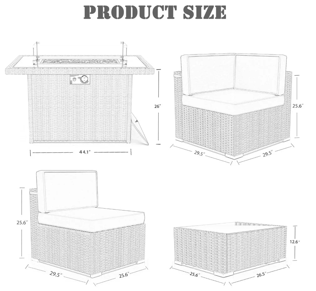 8 Piece Patio Furniture Set With 44 Inch Propane Fire Pit Table Sectional Wicker