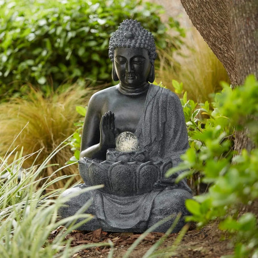 Sitting Buddha 28 Inch High Large Zen Asian Indoor Outdoor Decor Faux Stone Floor Water Fountain with LED Light