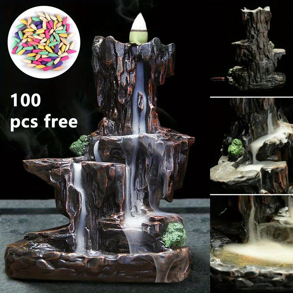 Resin Incense Waterfall Burner with 60 Incense Cones and Stand