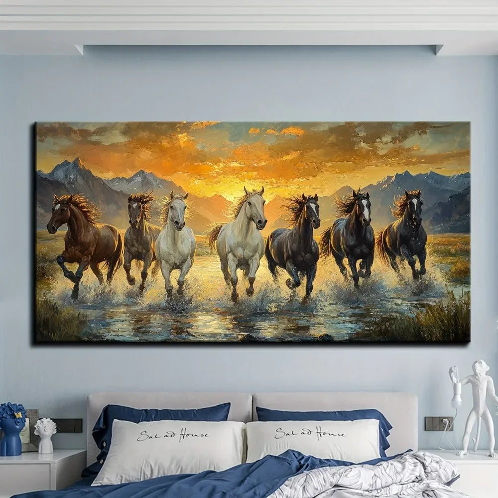 Elegant Feng Shui Seven Horse Canvas Wall Art with Pine Frame Waterproof 1.5 Inch Thick Horse Decoration for Sunset Scenes